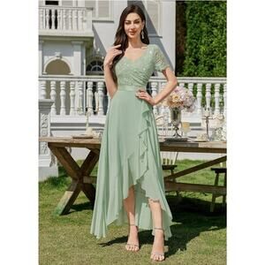 NWT Wmn Sage Grn V neck Elegant Sequin Lace Ruched SS Ruffle Party Formal Dress